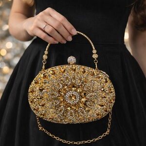 Gold Jeweled Evening Clutch - Elegant Sparkle